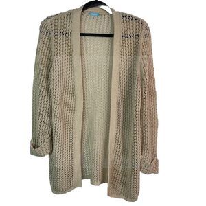 J McLaughlin Cardigan Sweater Loose Knit Cardigan Tan Crocheted Beachy Top